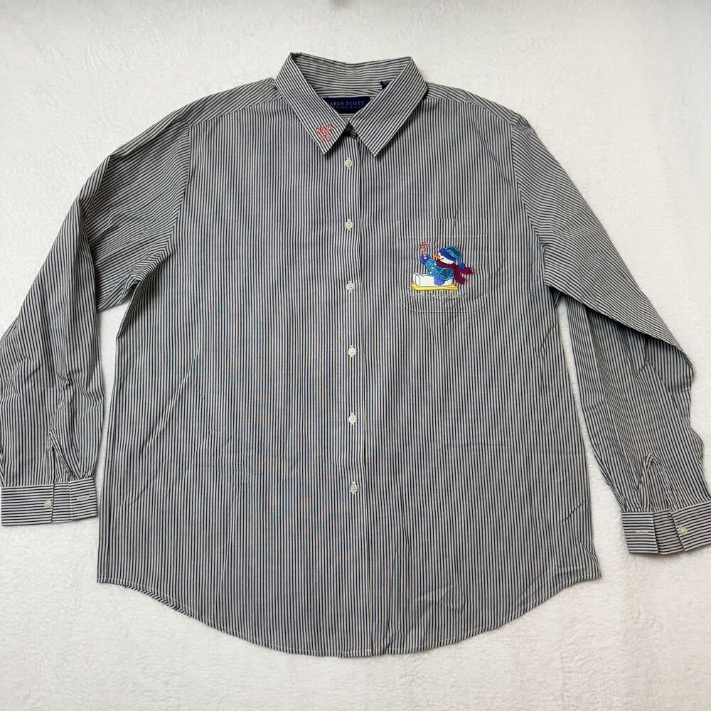 Karen Scott Holiday Button Up Embroidered Shirt Women XL Gray Stripes Christmas
